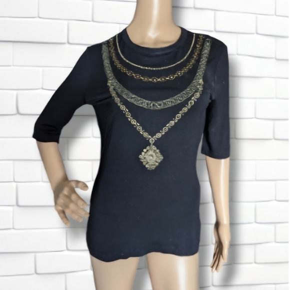 St. John Black Gold Vintage Embellished Beaded  T-Shirt Top Size Large - Picture 2 of 4